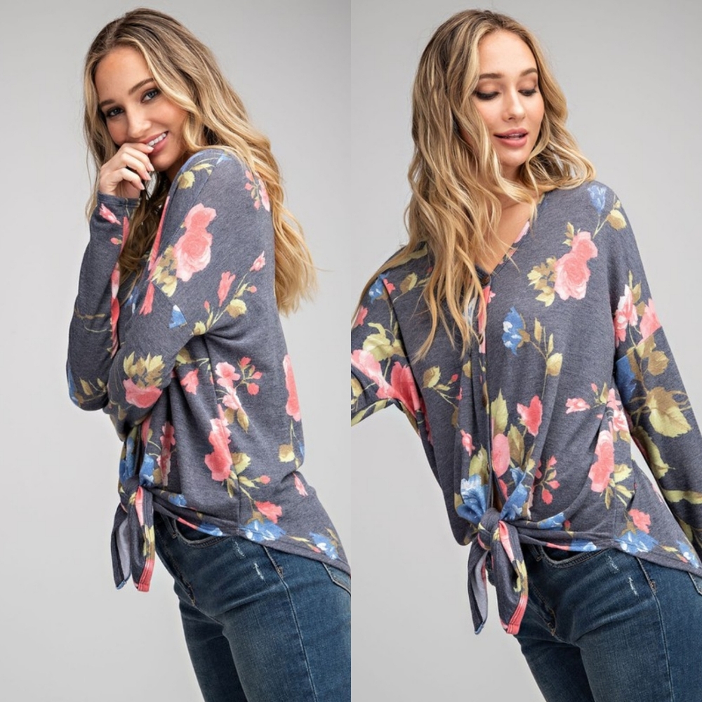 Floral button down top with front tie - Picture 5 of 8